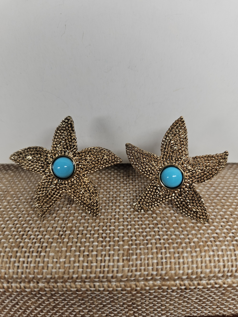 Gold Starflower Clip-On Earrings with Turquoise Acrylic Center - Women Jewelry